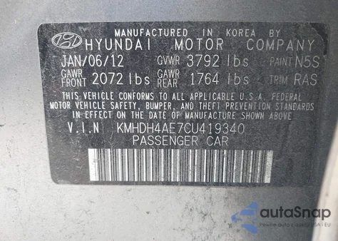 2012 Hyundai Elantra Gls (Ulsan Plant) z USA, uszkodzony, nr VIN KMHDH4AE7CU419340